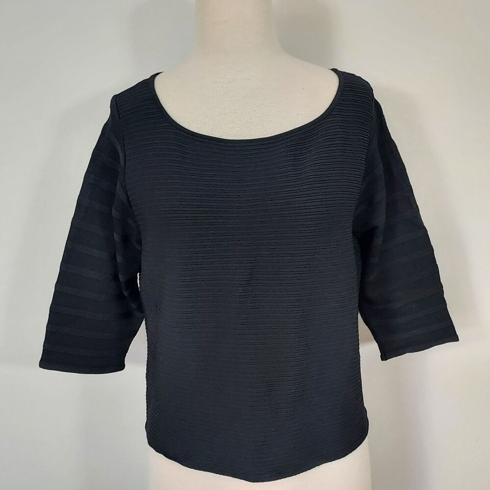 Ivanka Trump Solid Black Ribbed Textured Shirt Top size XL Minimalist Stretch - Picture 2 of 13